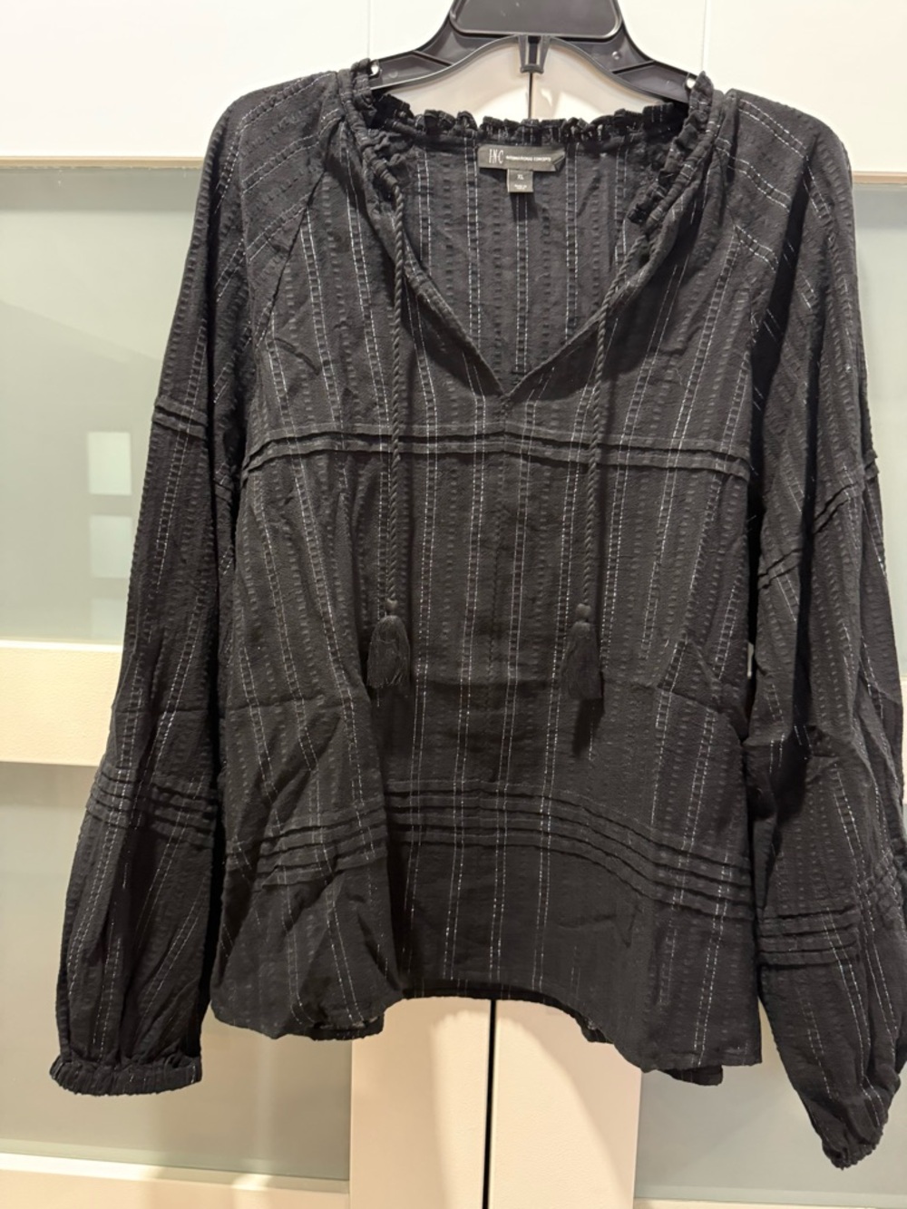 INC Textured Black with Silver Metallic Peasant Blouse with Tassel Ties Size XL